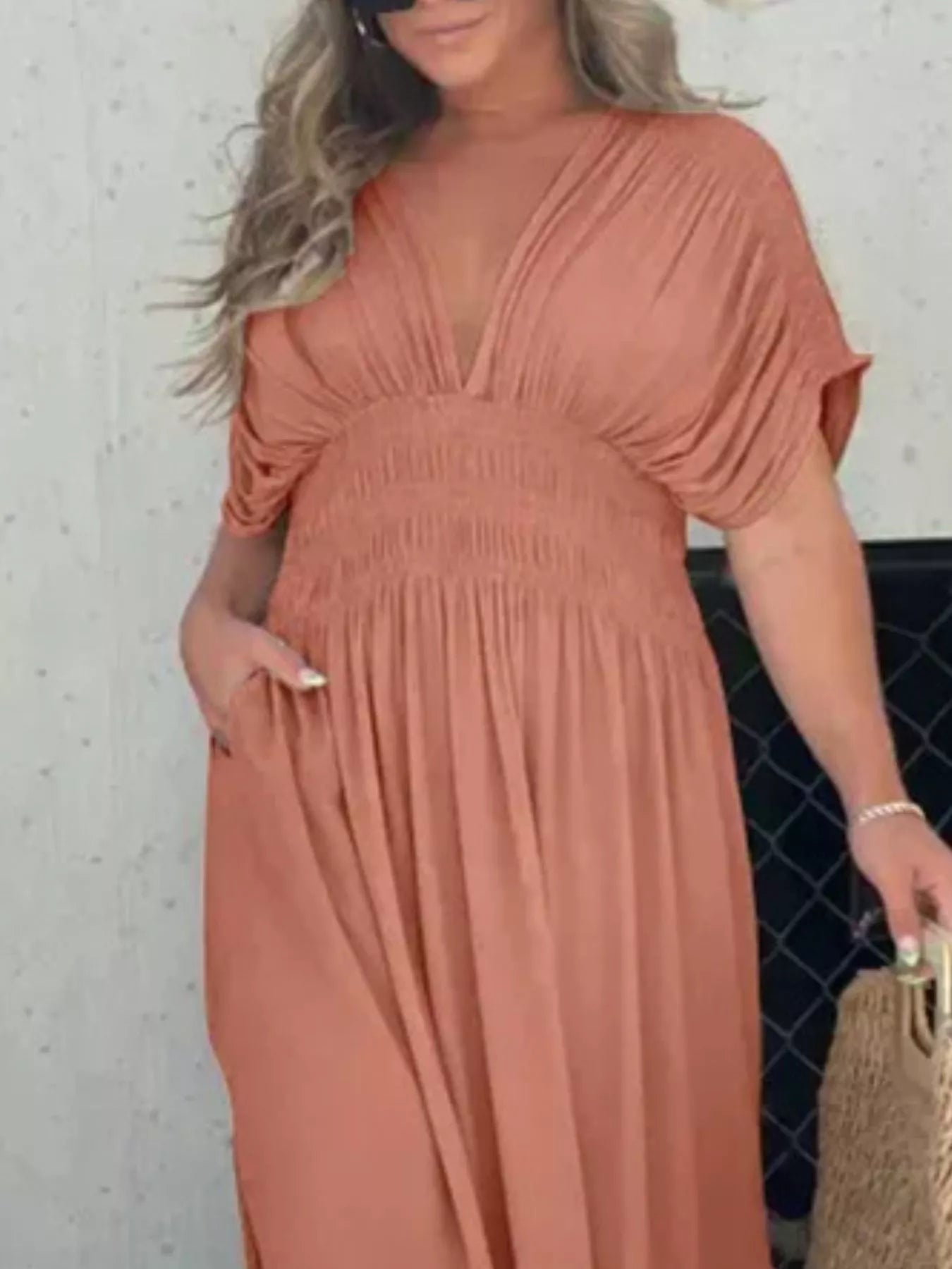 Hazel Blues® | Slit V-Neck Smocked Waist Maxi Dress