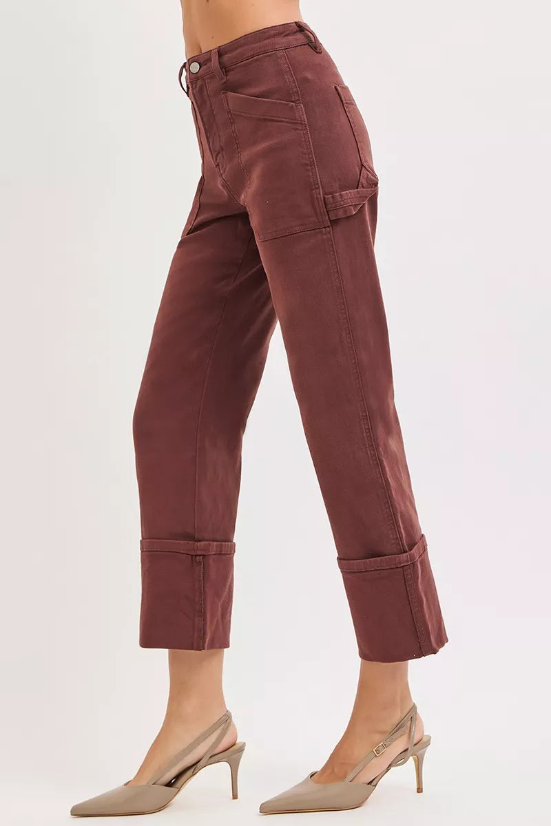 Hazel Blues® | RISEN High Rise Wide Straight Cuffed Patch Jeans