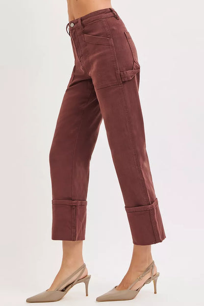Hazel Blues® | RISEN High Rise Wide Straight Cuffed Patch Jeans