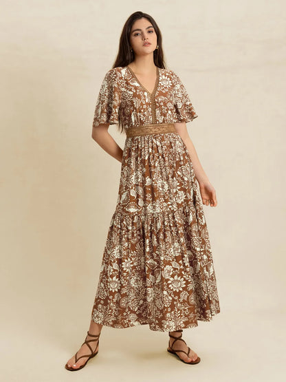 Hazel Blues® |  Lace Detail Printed Short Sleeve Midi Dress