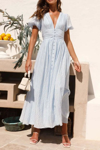Hazel Blues® |  V-Neck Puff Short Sleeve Midi Dress