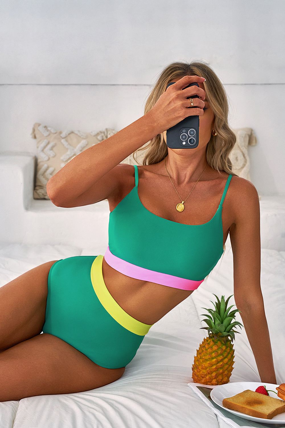 Hazel Blues® | Sea Green Contrast Trim Colorblock Patchwork High Waisted Bikini