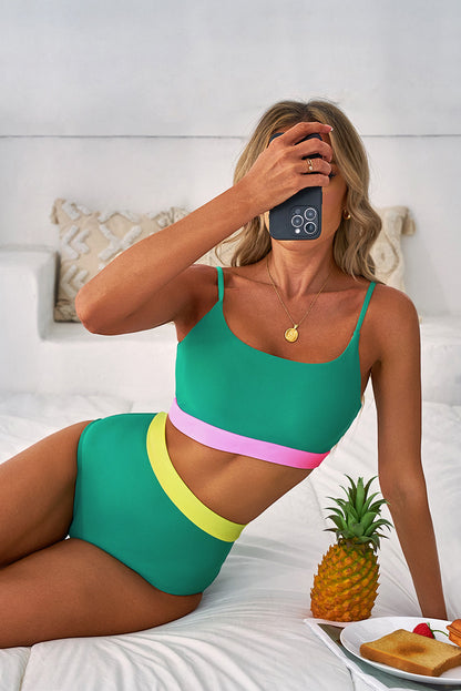 Hazel Blues® | Sea Green Contrast Trim Colorblock Patchwork High Waisted Bikini