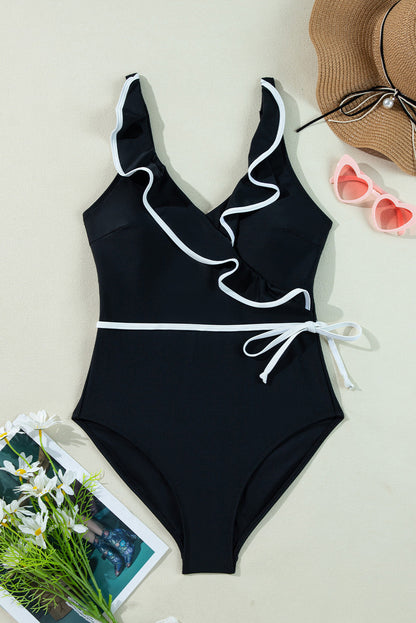 Hazel Blues® | Black Color Contrast Ruffled Wrap V Neck Swimsuit