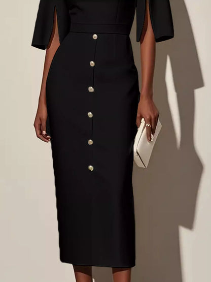 Hazel Blues® |  Slit Sleeve Midi Dress with Decorative Button