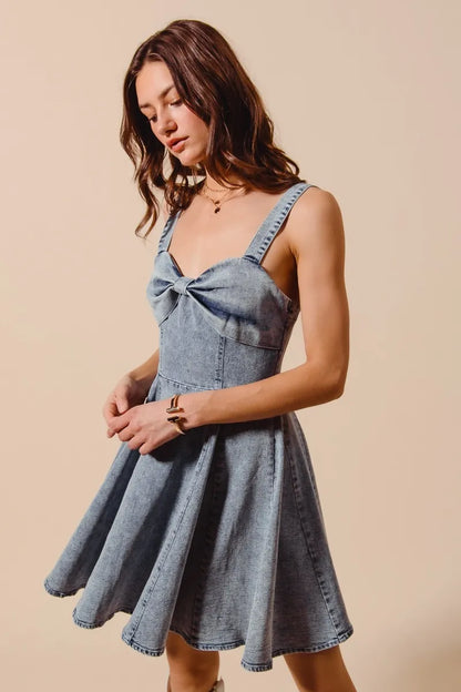 Hazel Blues® |  SO ME Mineral Washed Bow Ribbon Denim Flare Dress