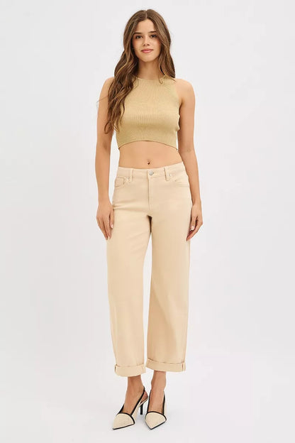 Hazel Blues® |  RISEN Tummy Control Mid Rise Ankle Barrel Relaxed Baggy