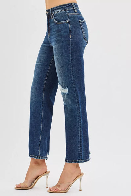 Hazel Blues® |  RISEN High Rise Crop Slim Straight Jenas with Hidden Knee Patch