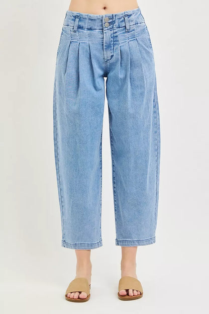 Hazel Blues® |  RISEN Slouchy Crop Barrel Pleated Jeans