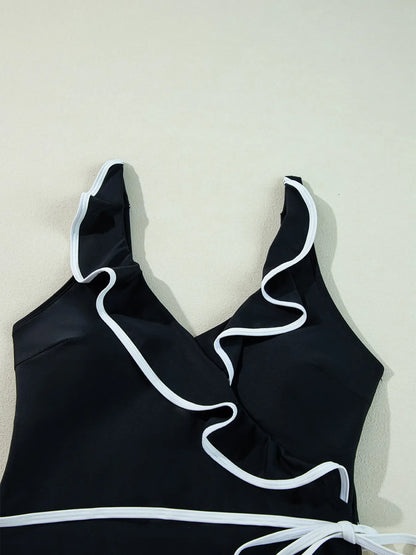 Hazel Blues® | Ruffle Trim V-Neck One-Piece Swimsuit
