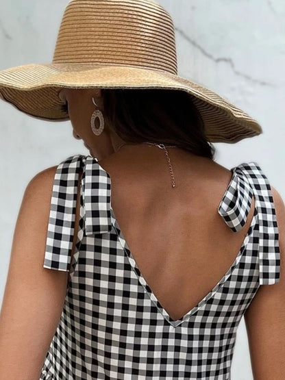 Hazel Blues® |  Gingham Tie-Shoulder Tiered Mini Dress