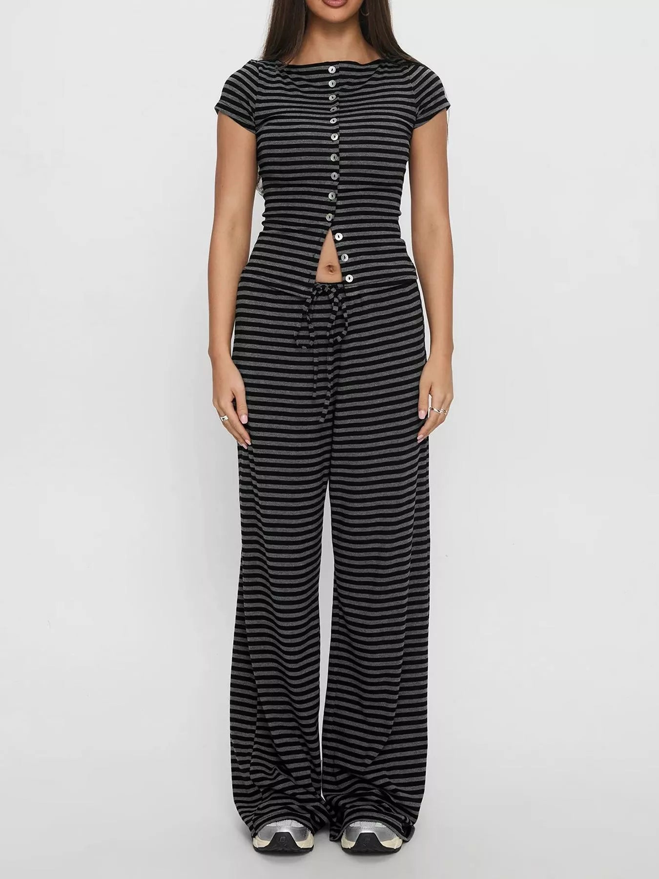 Hazel Blues® |  Striped Button-Down Top and Wide-Leg Pants Set