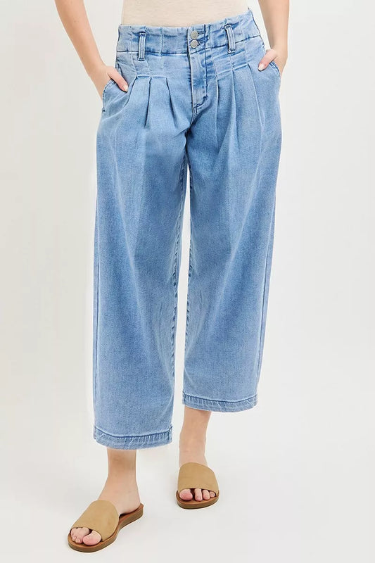 Hazel Blues® |  RISEN Slouchy Crop Barrel Pleated Jeans