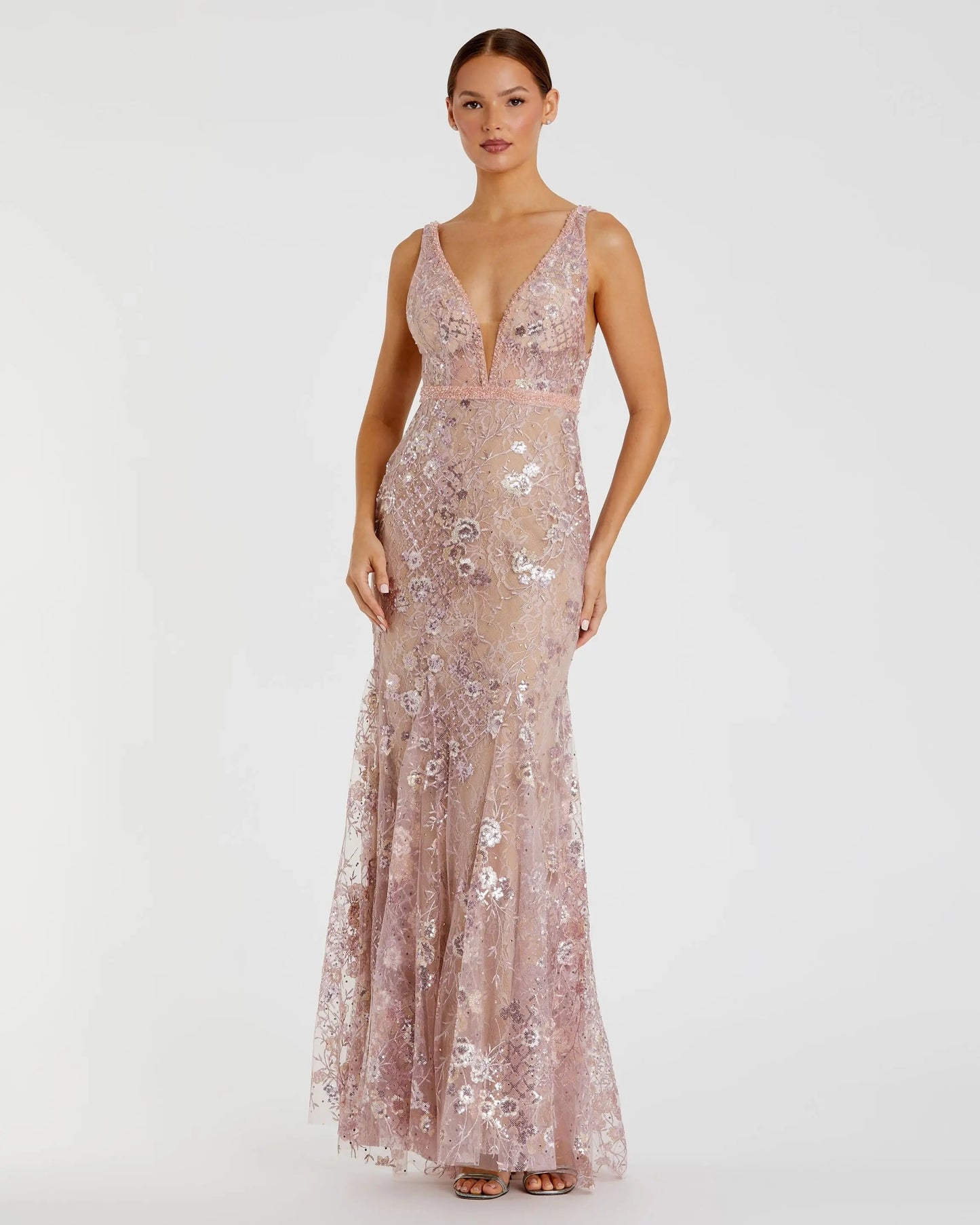 Pink Floral Embellished Sleeveless Plunge Neck Gown