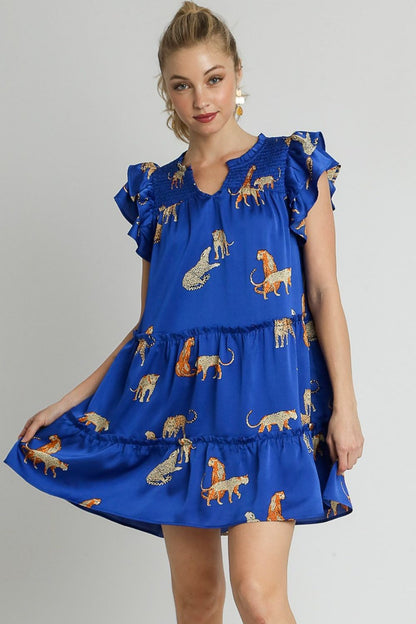 Hazel Blues® | Umgee Cheetah Print Notched Ruffle Layered Cap Sleeve Mini Dress