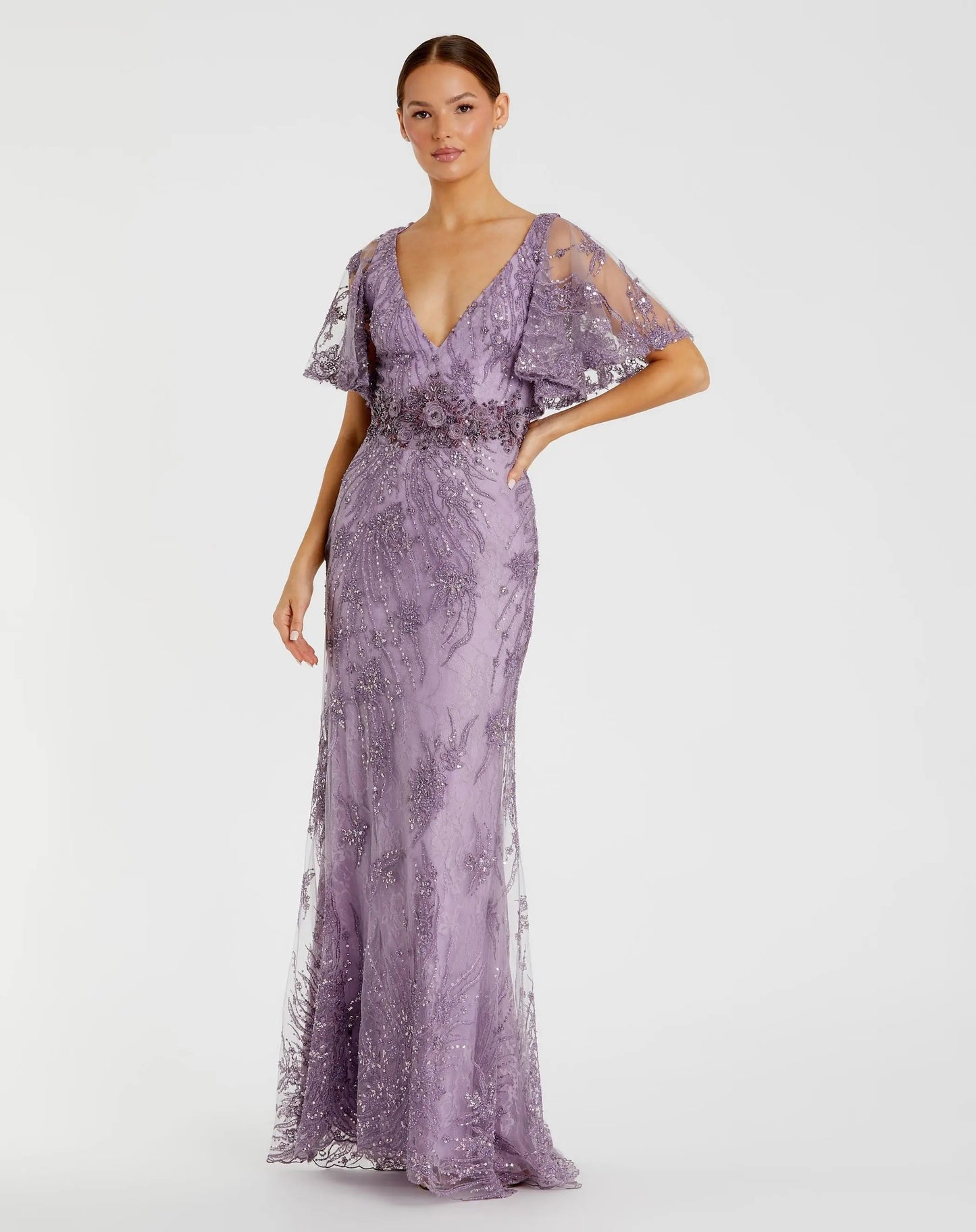 Purple Embellished Flutter Sleeve Evening Gown - FINAL SALE