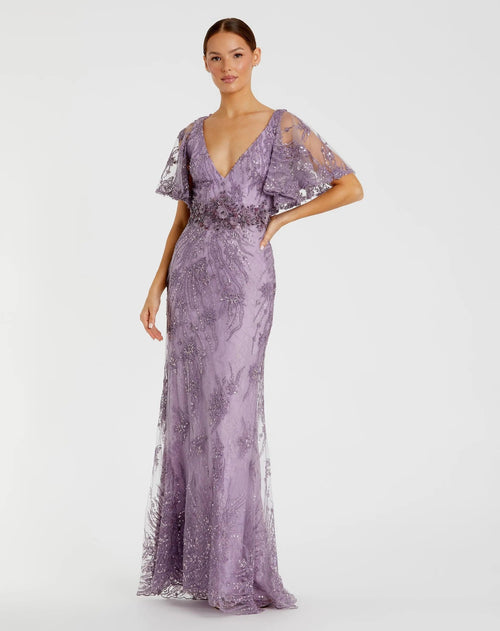 Purple Embellished Flutter Sleeve Evening Gown - FINAL SALE