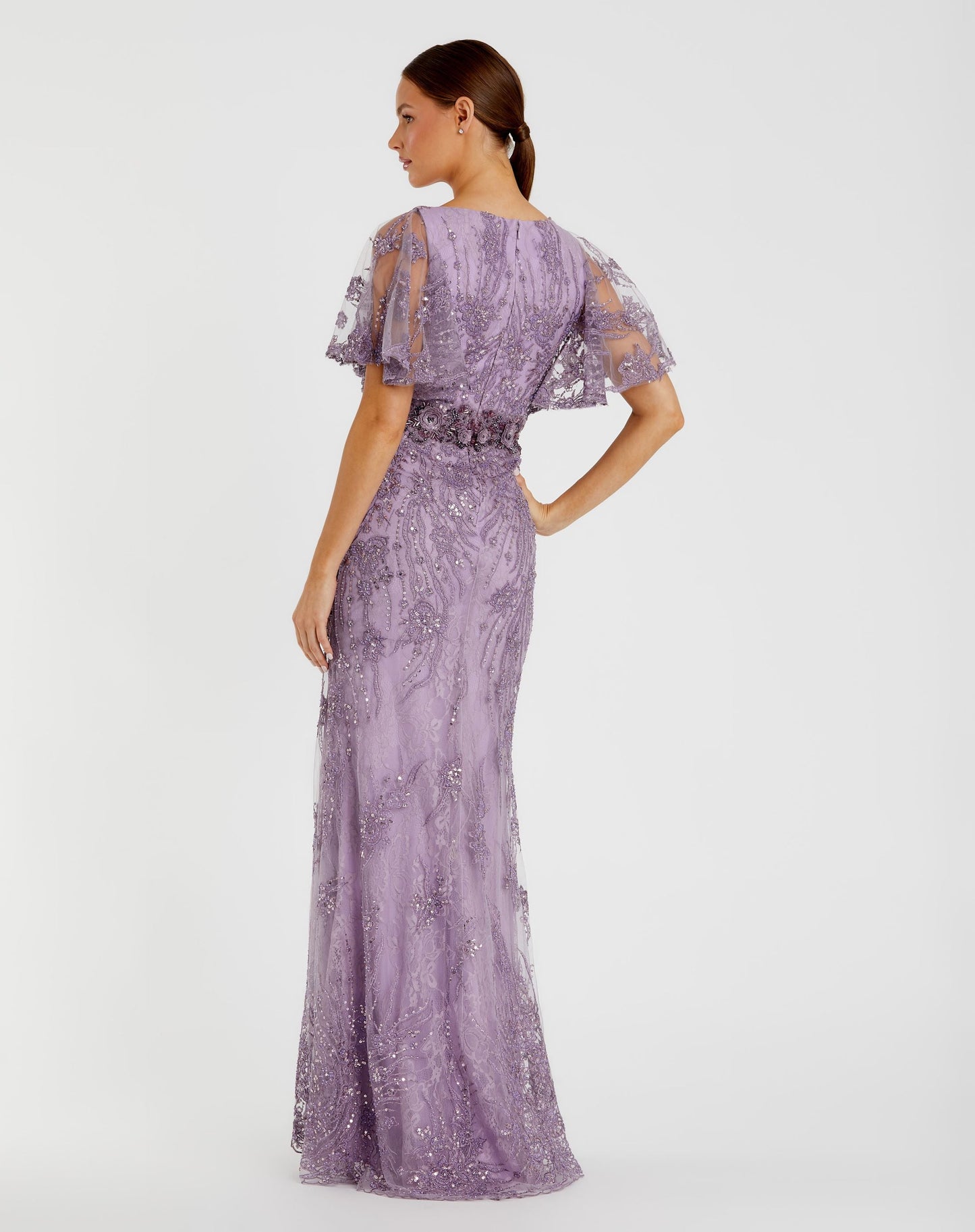 Purple Embellished Flutter Sleeve Evening Gown - FINAL SALE