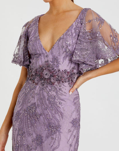 Purple Embellished Flutter Sleeve Evening Gown - FINAL SALE