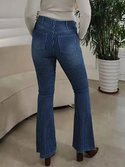 Hazel Blues® |  Striped Button Fly Flare Jeans