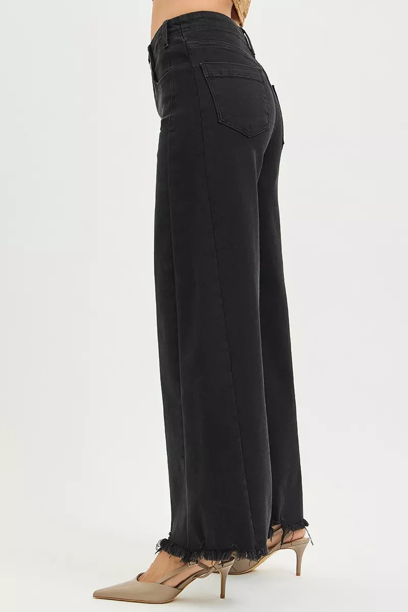 Hazel Blues® |  RISEN Tummy Control High Rise Palazzo Leg Frayed Hem Jeans