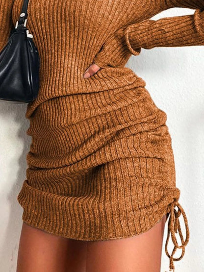 Hazel Blues® | Ribbed Knit Drawstring Bodycon Sweater Dress