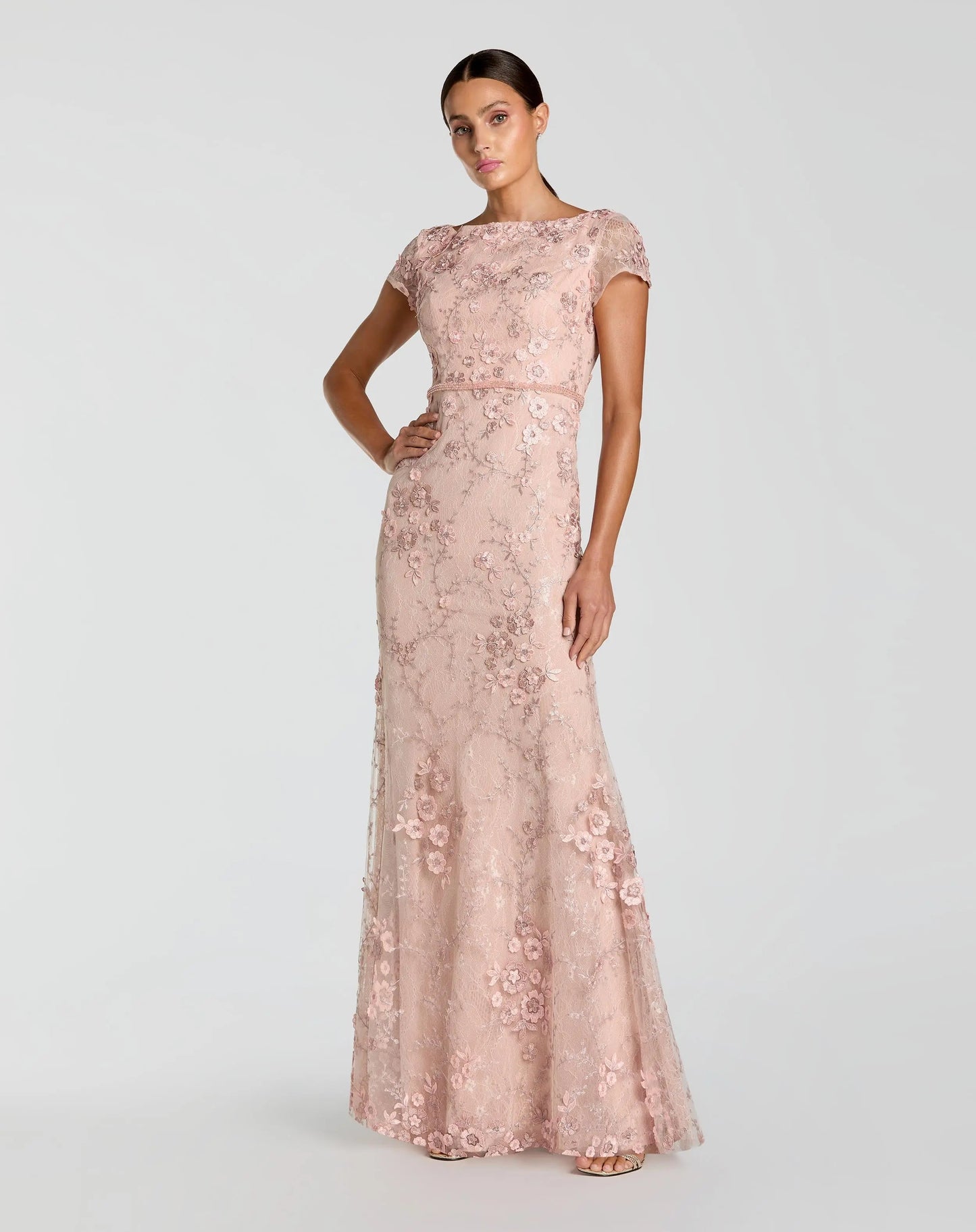 Pink Floral Applique Boat Neck Cap Sleeve Gown
