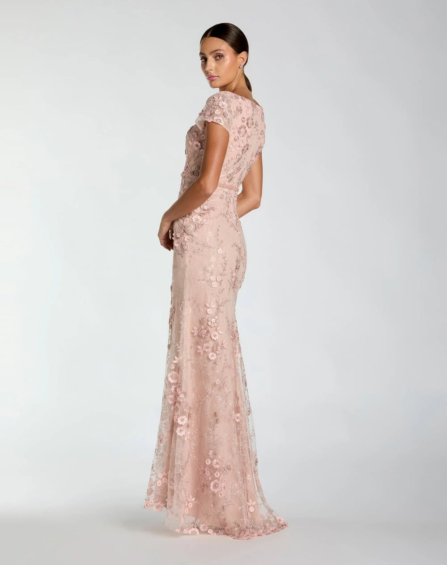 Pink Floral Applique Boat Neck Cap Sleeve Gown