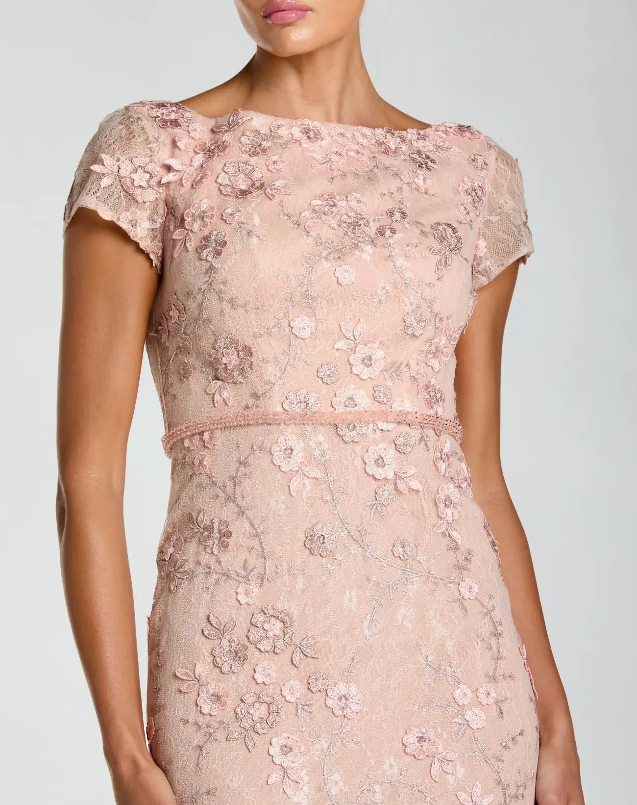 Pink Floral Applique Boat Neck Cap Sleeve Gown