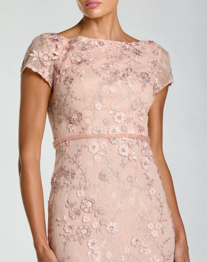 Pink Floral Applique Boat Neck Cap Sleeve Gown