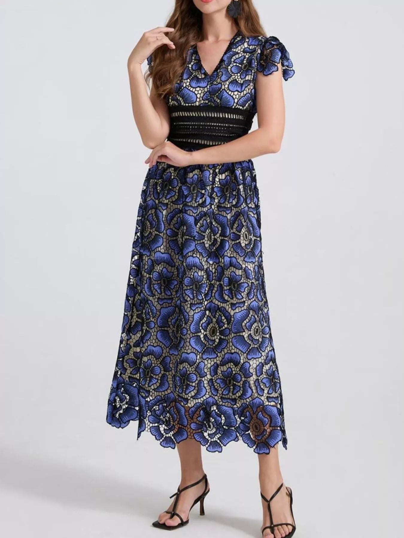 Hazel Blues® |  Printed V-Neck Ruffle Sleeve Midi Dress