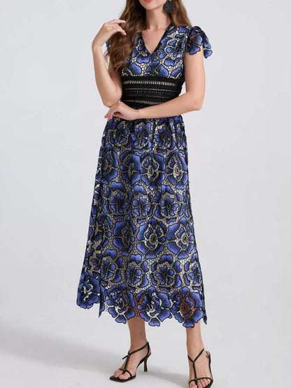 Hazel Blues® |  Printed V-Neck Ruffle Sleeve Midi Dress