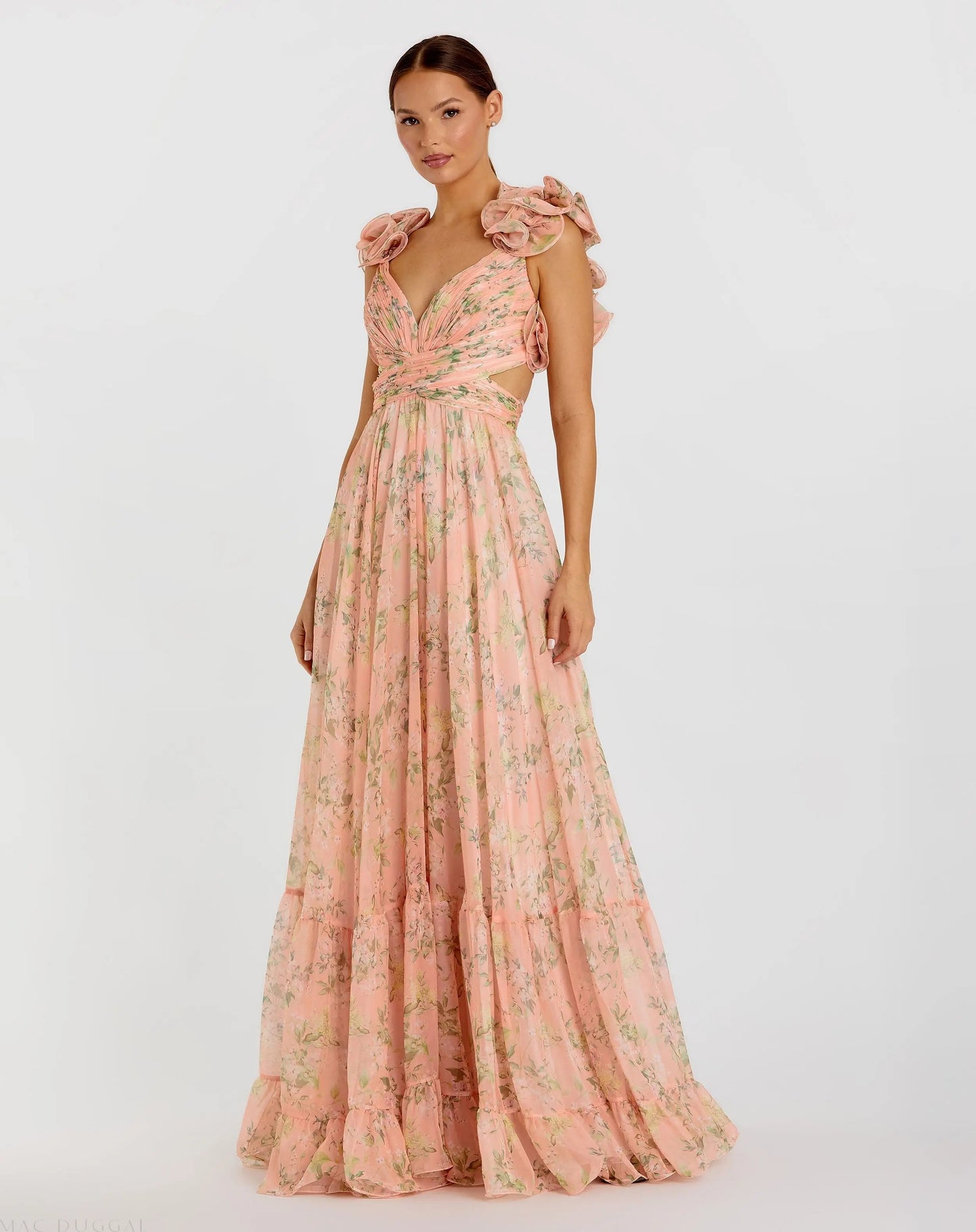 Pink Ruffle Tiered Floral Cut-Out Chiffon Gown