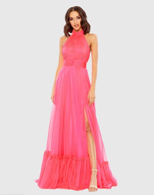 Pink High Neck Tiered Chiffon Halter Gown