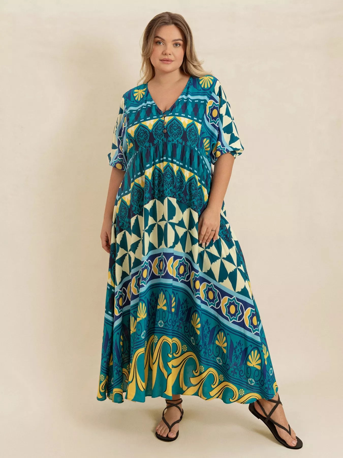 Hazel Blues® | Printed V-Neck Half Sleeve Midi Dress