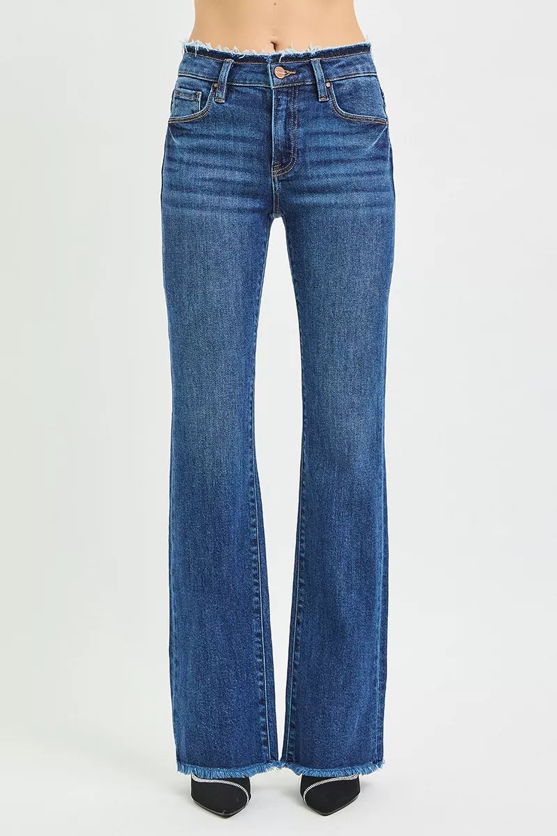 Hazel Blues® | RISEN Mid Rise Bootcut Frayed Waistband Hem Detail Jeans