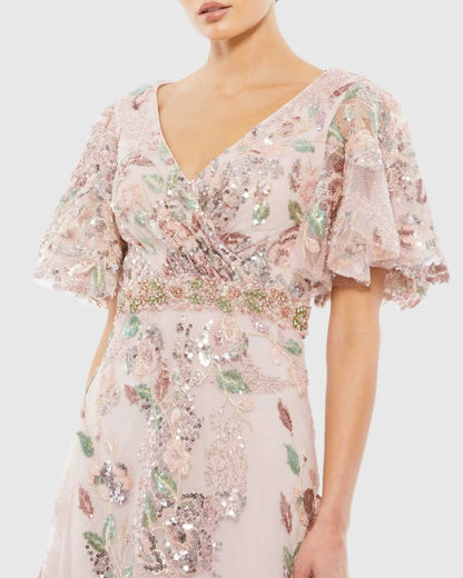 Pink Floral Embellished Short Sleeve Gown