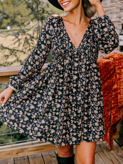 Hazel Blues® |  Floral Deep V Neck Smocked Bust Bubble Sleeve Babydoll Dress