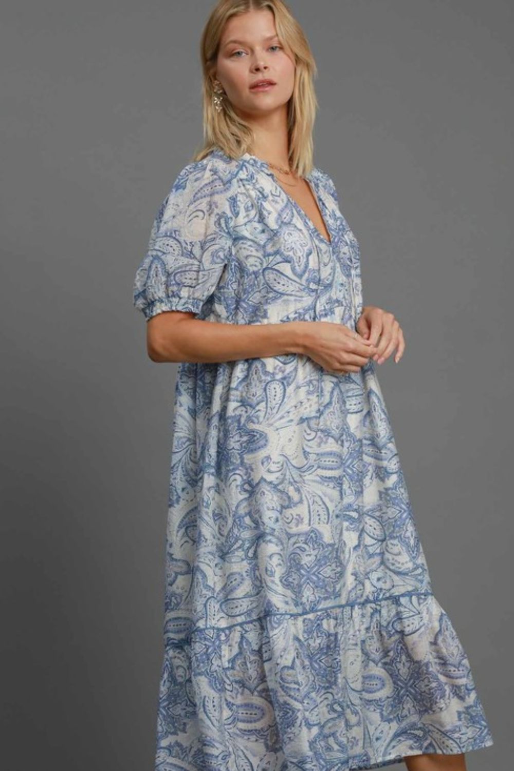 Hazel Blues® | Umgee Printed Puff Short Sleeve Midi Dress