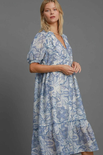 Hazel Blues® | Umgee Printed Puff Short Sleeve Midi Dress