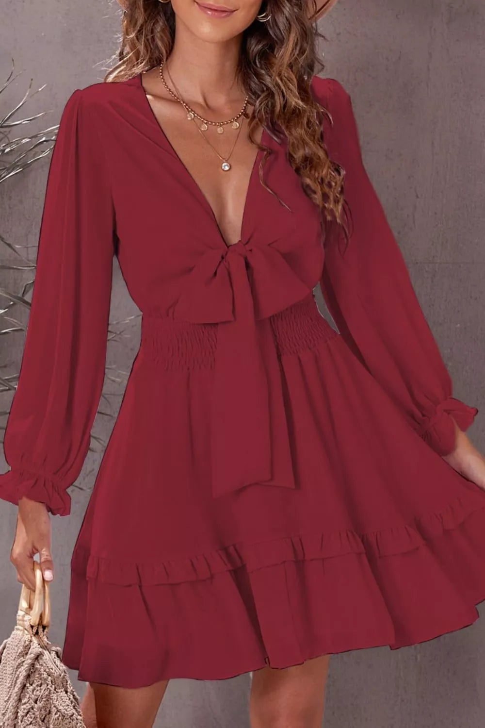Hazel Blues® |  Elegant Tie-Front Ruffle Mini Dress with Smocked Wiast