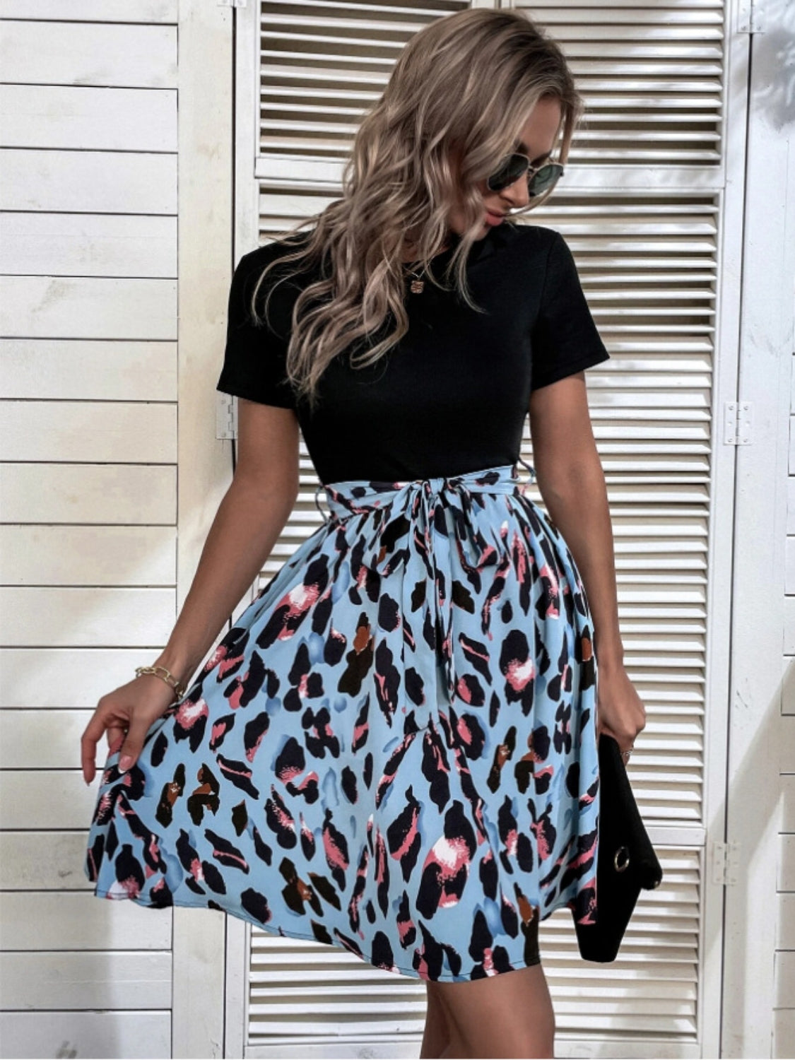 Hazel Blues® |  Tied Front Contrast Leopard Short Sleeve Mini Dress