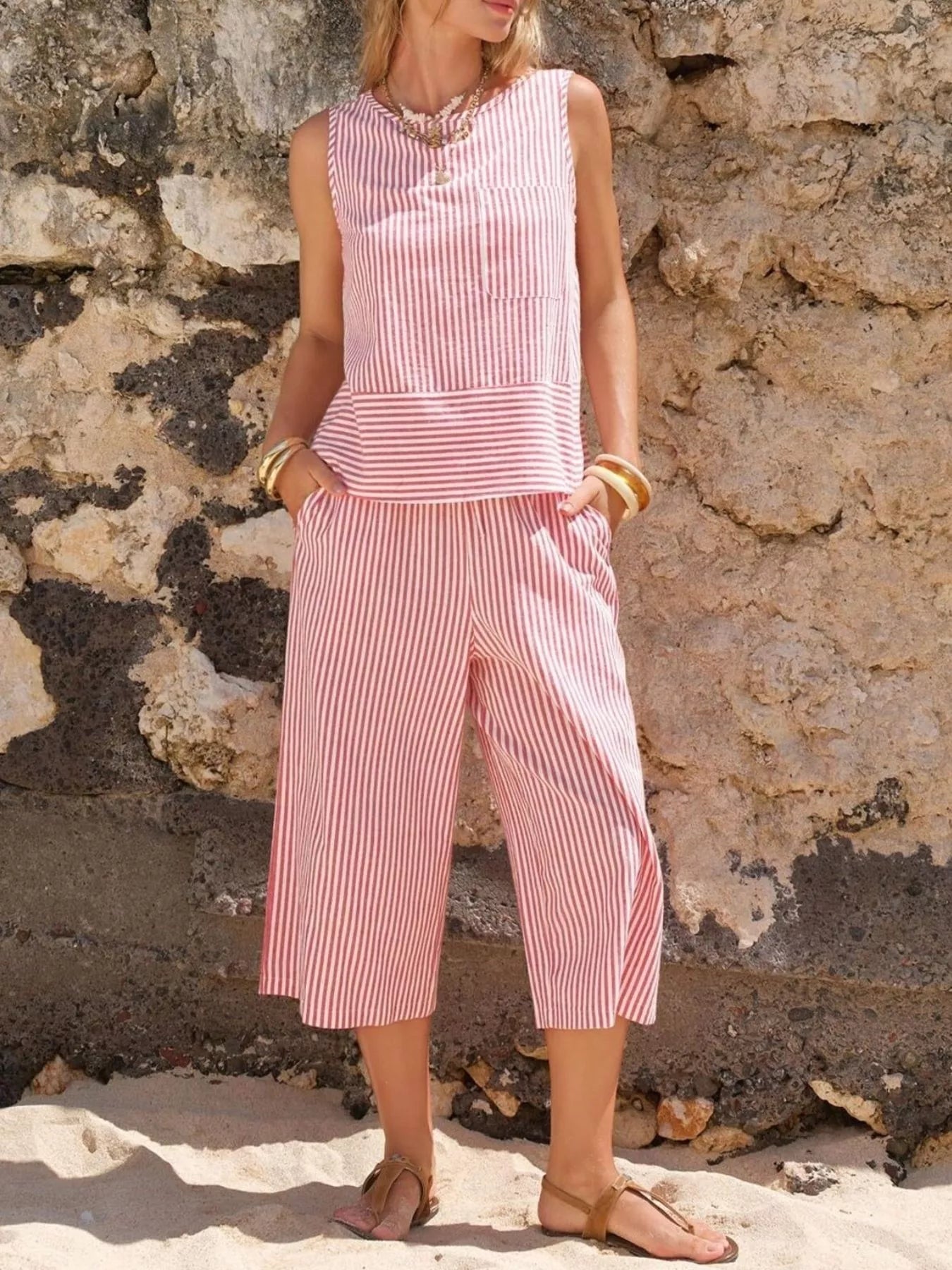 Hazel Blues® |  Striped Sleeveless Top and Cropped Pants Set