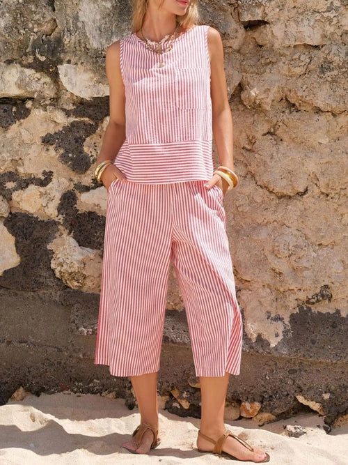 Hazel Blues® |  Striped Sleeveless Top and Cropped Pants Set