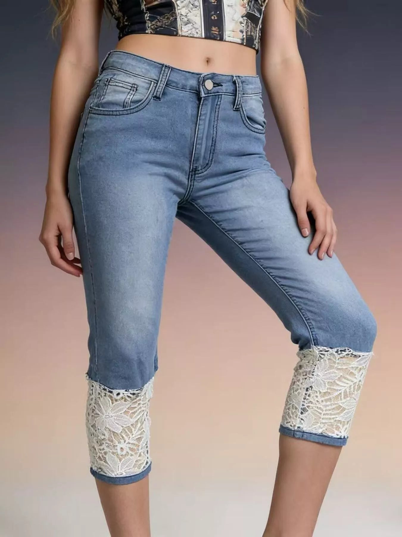 Hazel Blues® | Lace Trimmed Capri Jeans