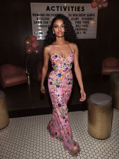 Pink Embellished Lace Strappy Column Gown