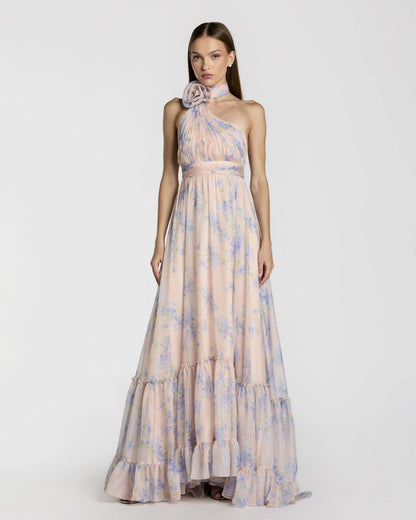 Pink Asymmetrical Ruffled Halter Floral Gown