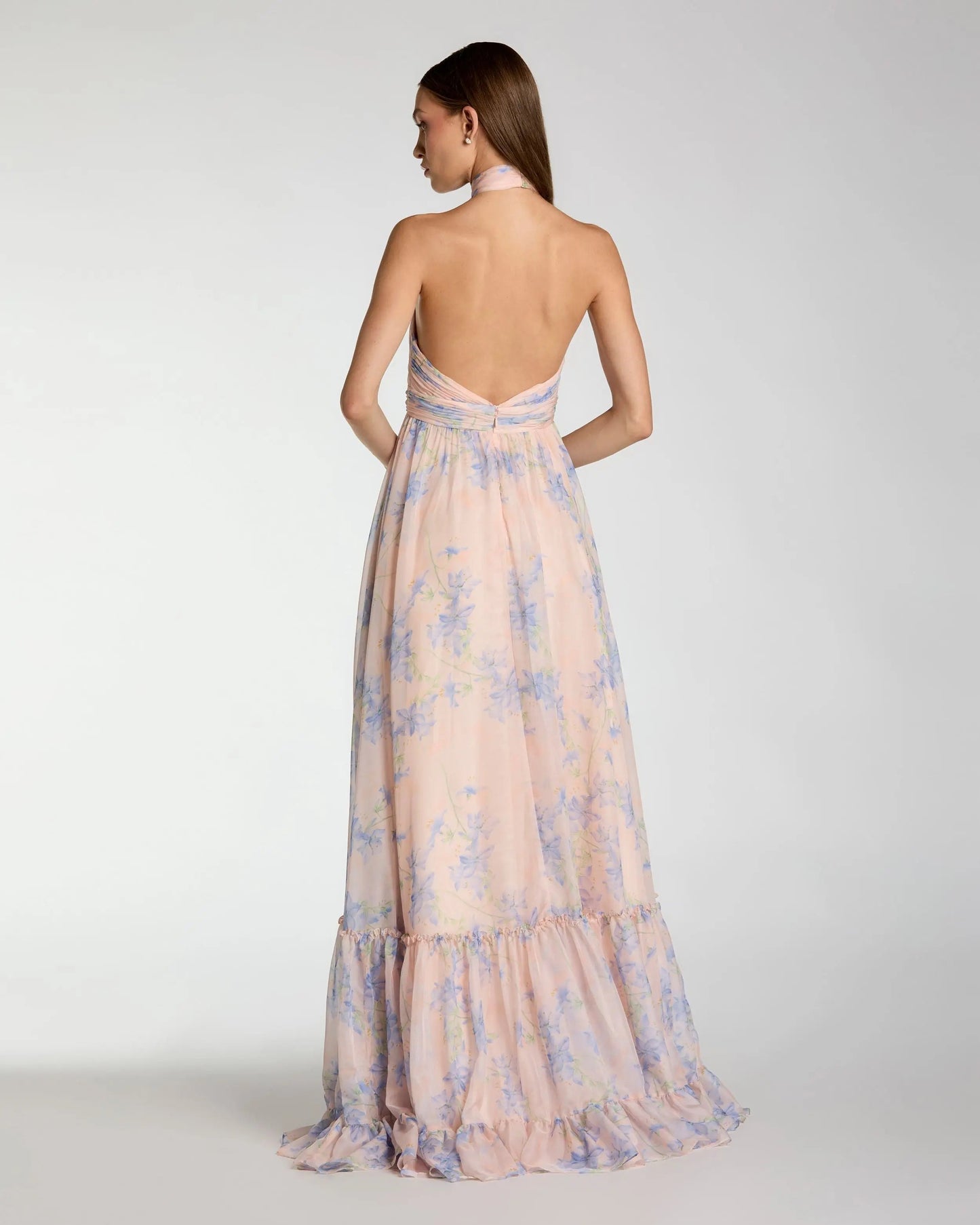 Pink Asymmetrical Ruffled Halter Floral Gown