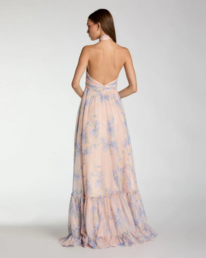 Pink Asymmetrical Ruffled Halter Floral Gown