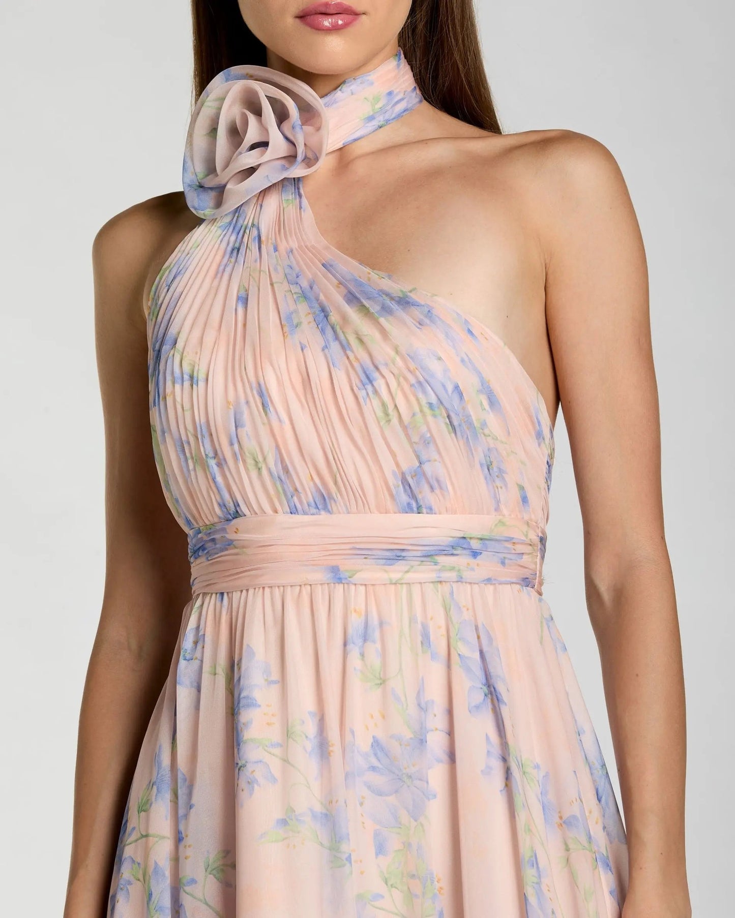 Pink Asymmetrical Ruffled Halter Floral Gown